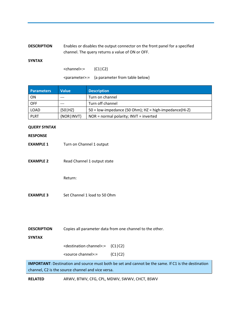 Outp - output command, Pacp - channel parameter copy command, Bswv | Teledyne LeCroy WaveStation SCPI Command Reference Manual User Manual | Page 25 / 32