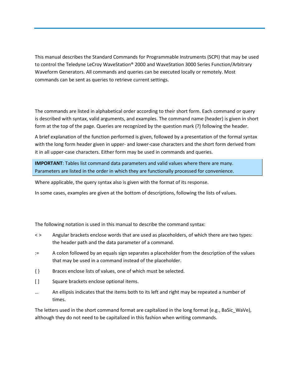 Introduction to the wavestation scpi, How listings are organized, Command notation | Teledyne LeCroy WaveStation SCPI Command Reference Manual User Manual | Page 5 / 32