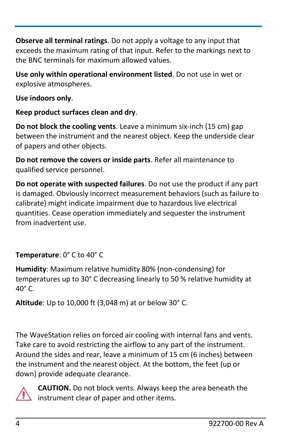 Operating environment, Cooling | Teledyne LeCroy WaveStation Waveform Generator Operators Manual User Manual | Page 10 / 88