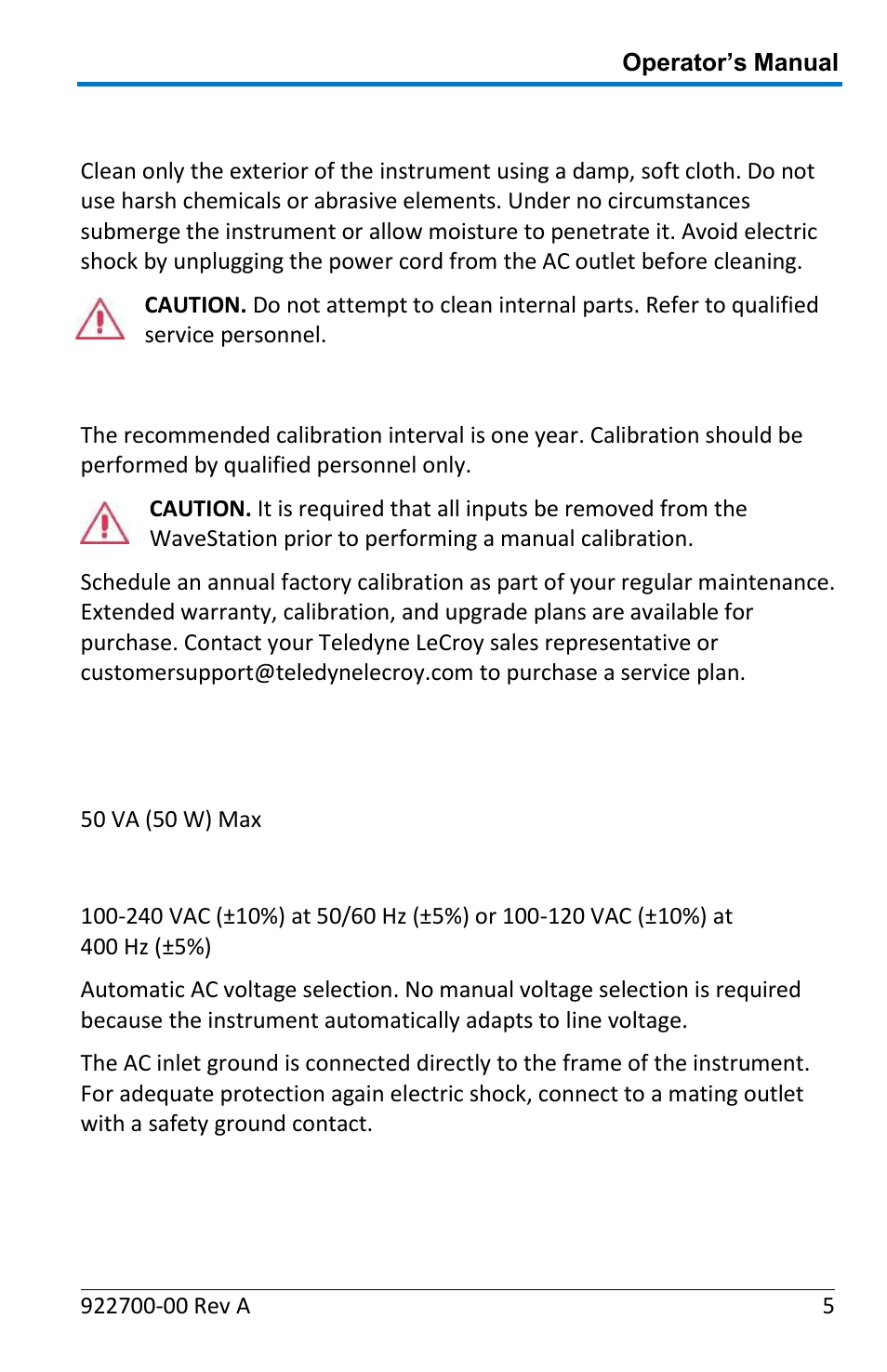 Cleaning, Calibration, Power | Power consumption, Power and ground connections | Teledyne LeCroy WaveStation Waveform Generator Operators Manual User Manual | Page 11 / 88