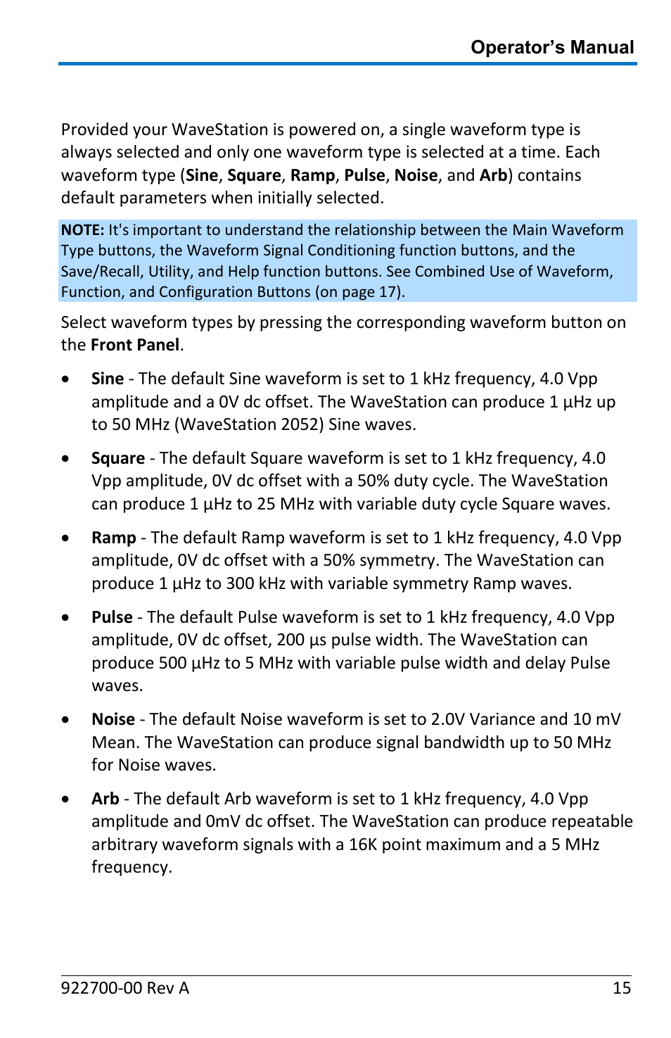 Waveform types and default parameters | Teledyne LeCroy WaveStation Waveform Generator Operators Manual User Manual | Page 21 / 88