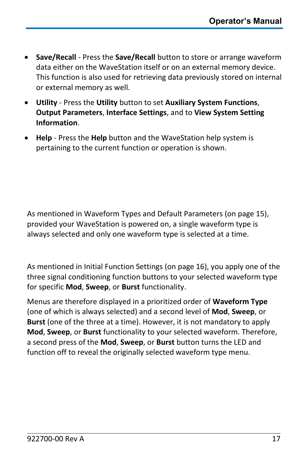 Save/recall, utility, and help buttons, Main waveform buttons, Waveform signal conditioning function buttons | Teledyne LeCroy WaveStation Waveform Generator Operators Manual User Manual | Page 23 / 88