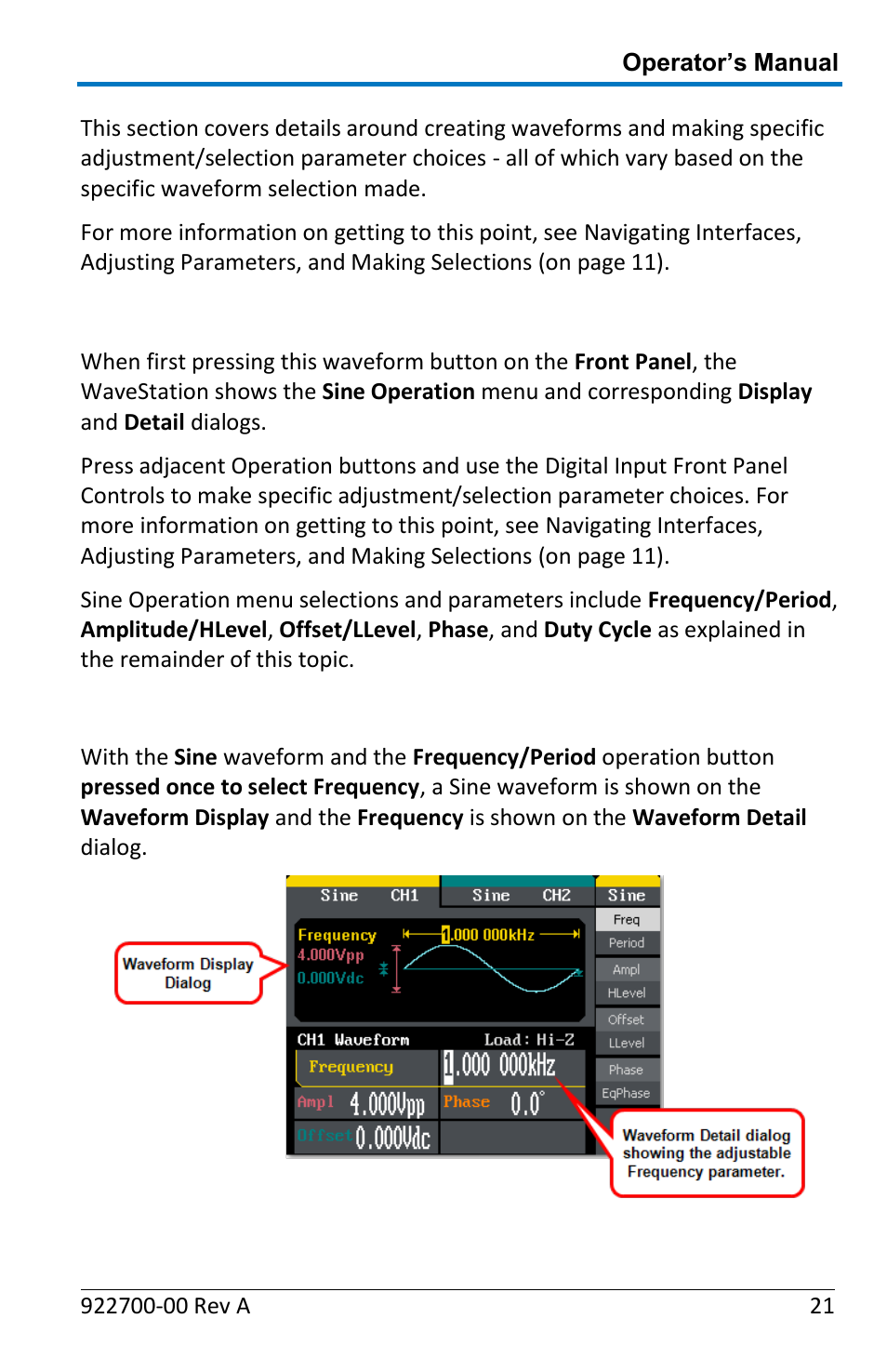 Creating a sine wave, Frequency/period | Teledyne LeCroy WaveStation Waveform Generator Operators Manual User Manual | Page 27 / 88