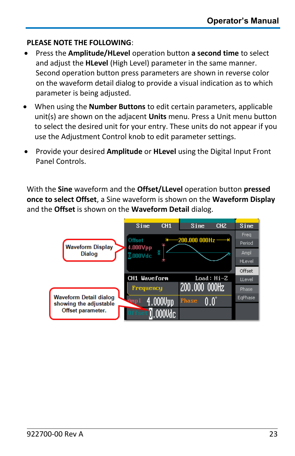 Offset/llevel | Teledyne LeCroy WaveStation Waveform Generator Operators Manual User Manual | Page 29 / 88