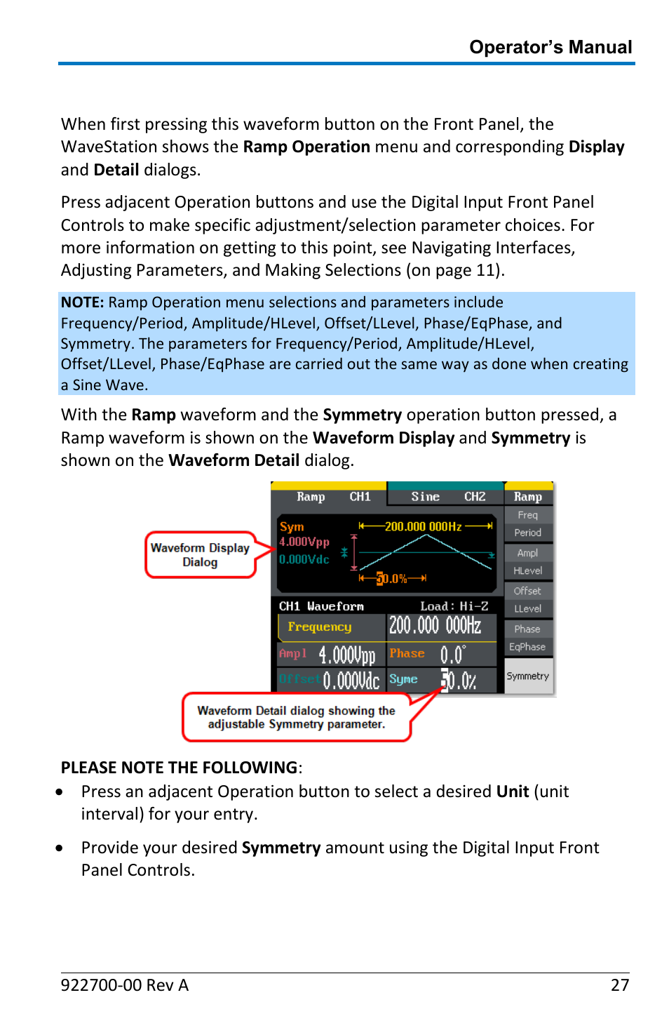 Creating a ramp wave | Teledyne LeCroy WaveStation Waveform Generator Operators Manual User Manual | Page 33 / 88