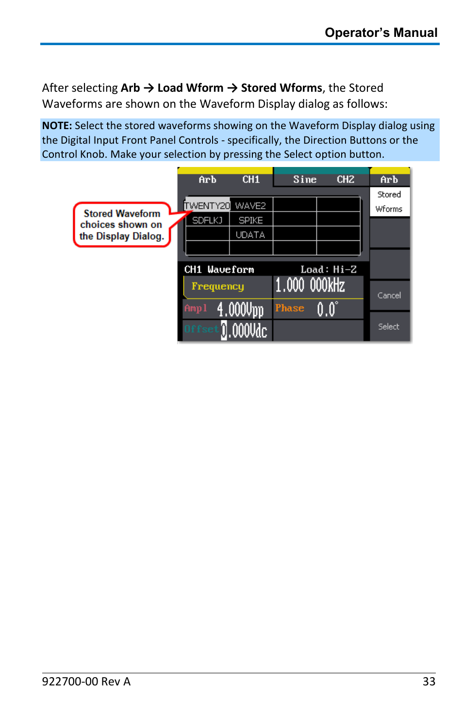 Stored waveforms | Teledyne LeCroy WaveStation Waveform Generator Operators Manual User Manual | Page 39 / 88