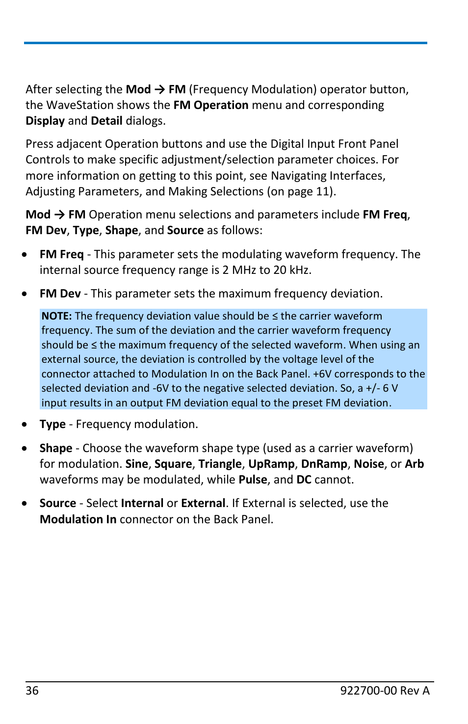 Generating an fm modulated waveform | Teledyne LeCroy WaveStation Waveform Generator Operators Manual User Manual | Page 42 / 88