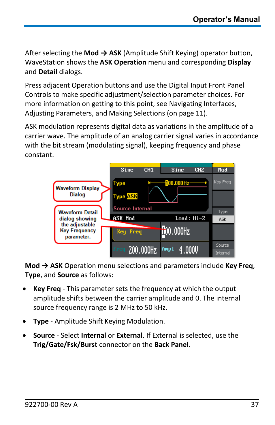 Generating an ask modulated waveform | Teledyne LeCroy WaveStation Waveform Generator Operators Manual User Manual | Page 43 / 88