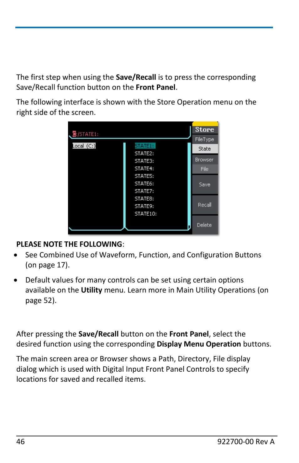 Save/recall, Overview, Main save/recall operations | Teledyne LeCroy WaveStation Waveform Generator Operators Manual User Manual | Page 52 / 88