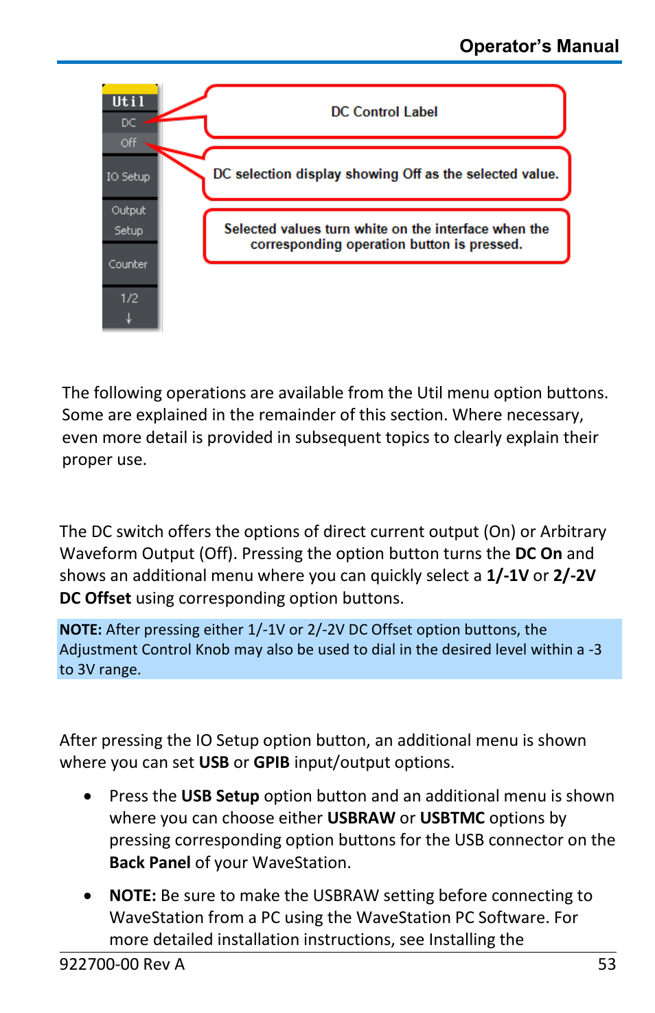 Utility operation menu selections and parameters, Io setup | Teledyne LeCroy WaveStation Waveform Generator Operators Manual User Manual | Page 59 / 88