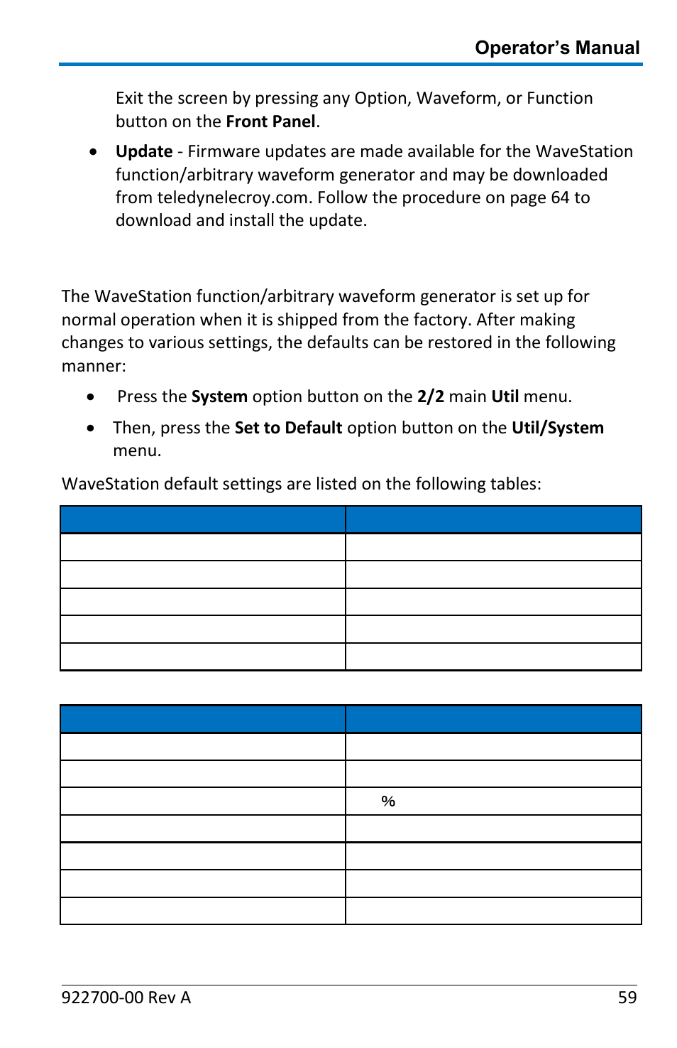 Restoring the default settings | Teledyne LeCroy WaveStation Waveform Generator Operators Manual User Manual | Page 65 / 88