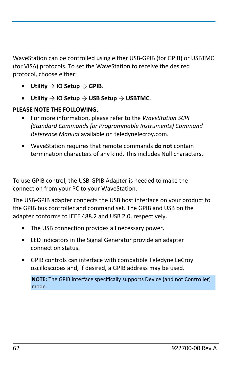 About the usb-gpib adapter | Teledyne LeCroy WaveStation Waveform Generator Operators Manual User Manual | Page 68 / 88