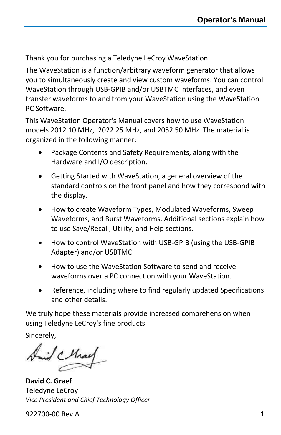 Welcome | Teledyne LeCroy WaveStation Waveform Generator Operators Manual User Manual | Page 7 / 88