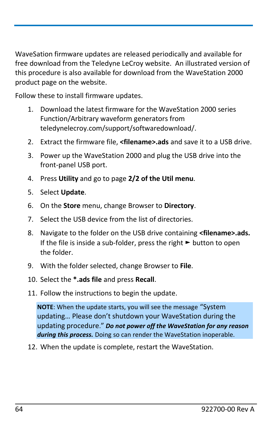 Updating wavestation firmware | Teledyne LeCroy WaveStation Waveform Generator Operators Manual User Manual | Page 70 / 88