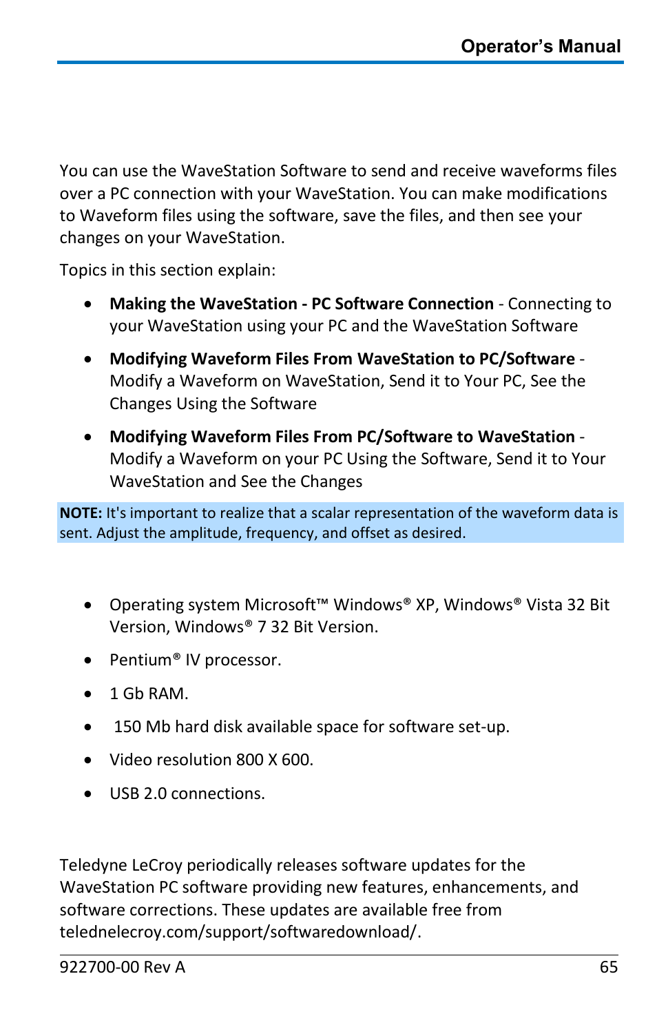 Wavestation pc software, Overview, Minimum pc software system requirements | Updates | Teledyne LeCroy WaveStation Waveform Generator Operators Manual User Manual | Page 71 / 88