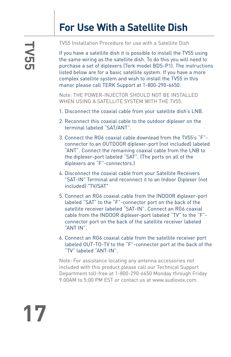 Tv55, For use with a satellite dish | Terk TV55 User Manual | Page 19 / 20