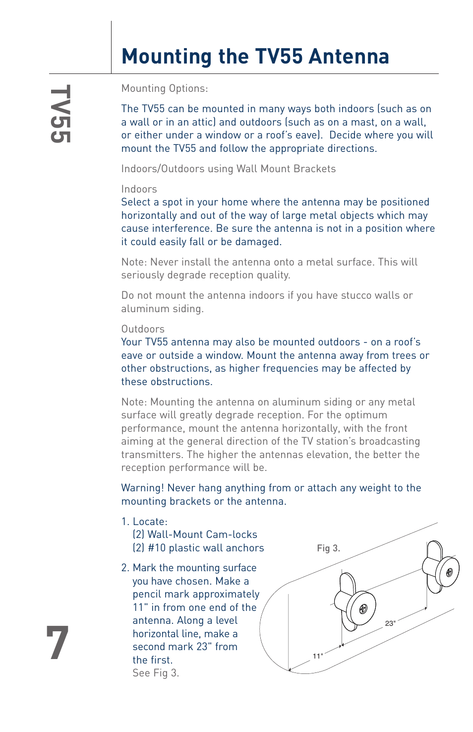 Tv55, Mounting the tv55 antenna | Terk TV55 User Manual | Page 9 / 20