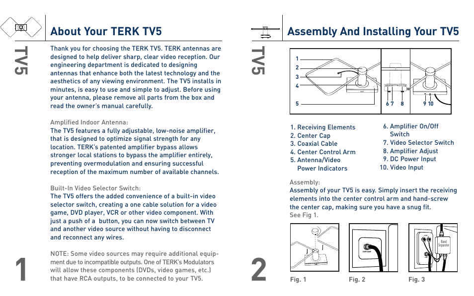 Assembly and installing your tv5, About your terk tv5 | Terk TV5_OMЙ User Manual | Page 2 / 4