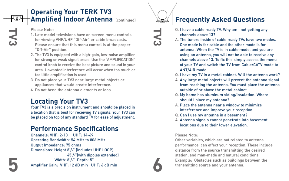 Operating your terk tv3 amplified indoor antenna, Locating your tv3, Frequently asked questions | Performance specifications | Terk TV3_OMЙ User Manual | Page 4 / 4