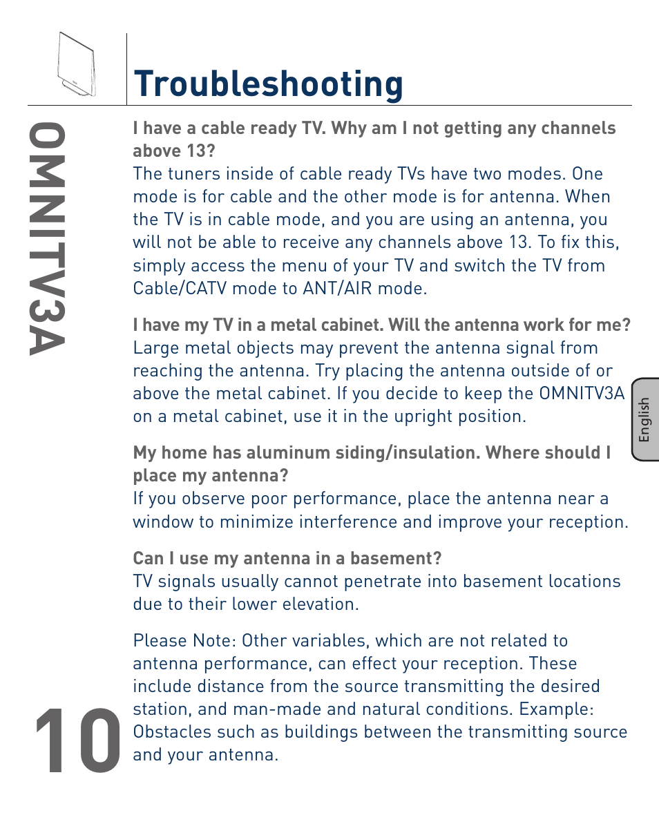 Omnitv3a, Troubleshooting | Terk OMNITV3A_OMЙ User Manual | Page 11 / 35