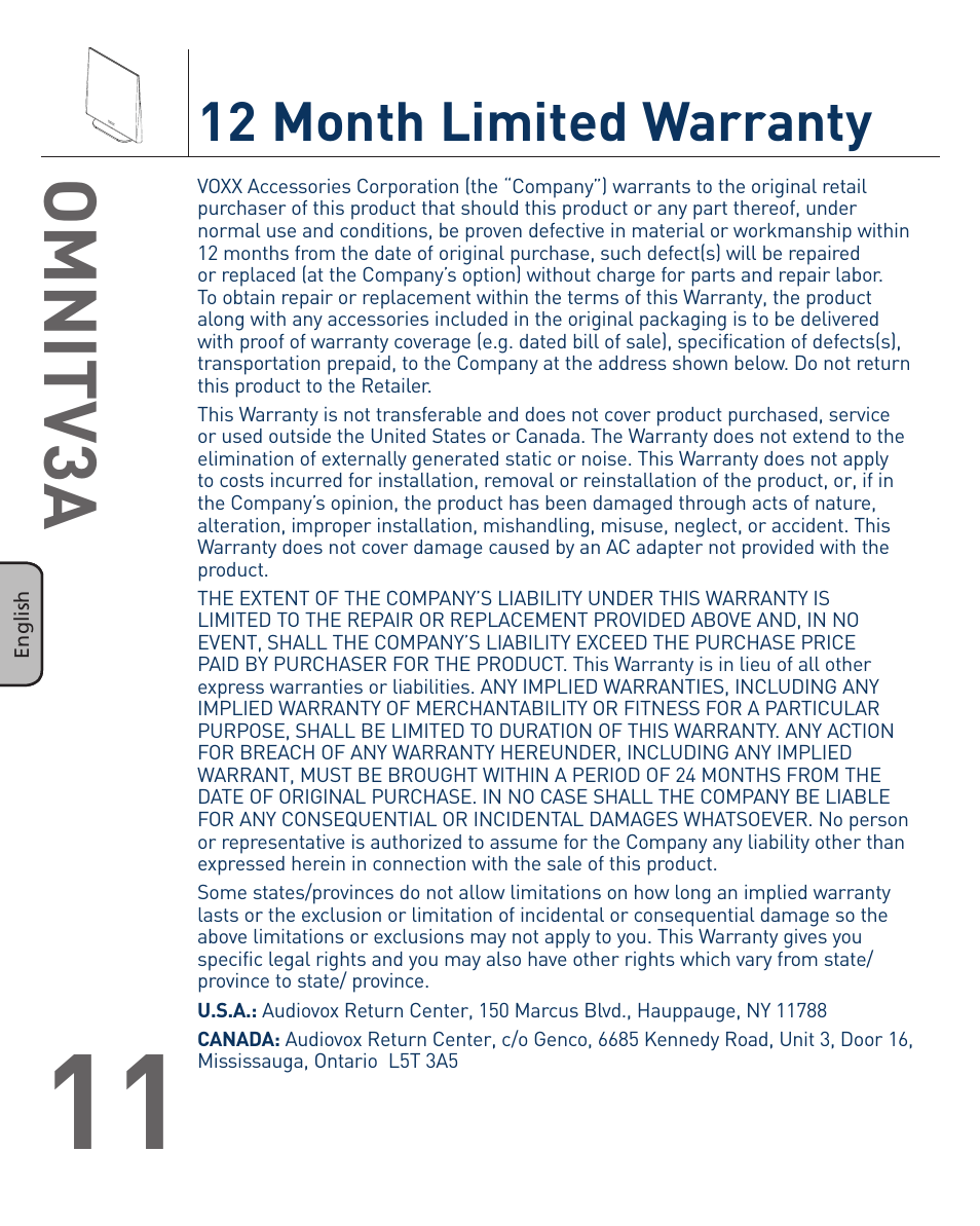 Omnitv3a, 12 month limited warranty | Terk OMNITV3A_OMЙ User Manual | Page 12 / 35
