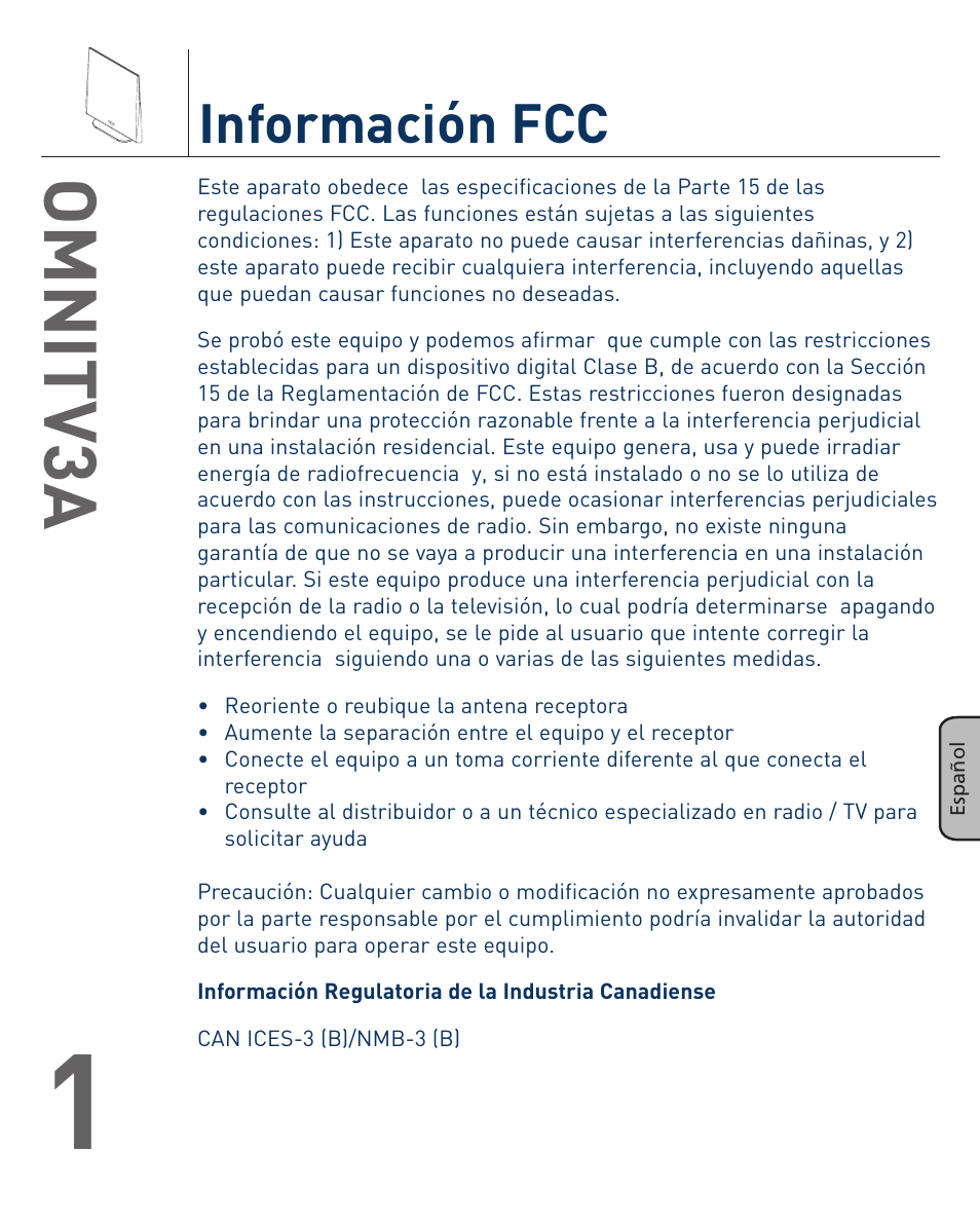 Omnitv3a, Información fcc | Terk OMNITV3A_OMЙ User Manual | Page 13 / 35