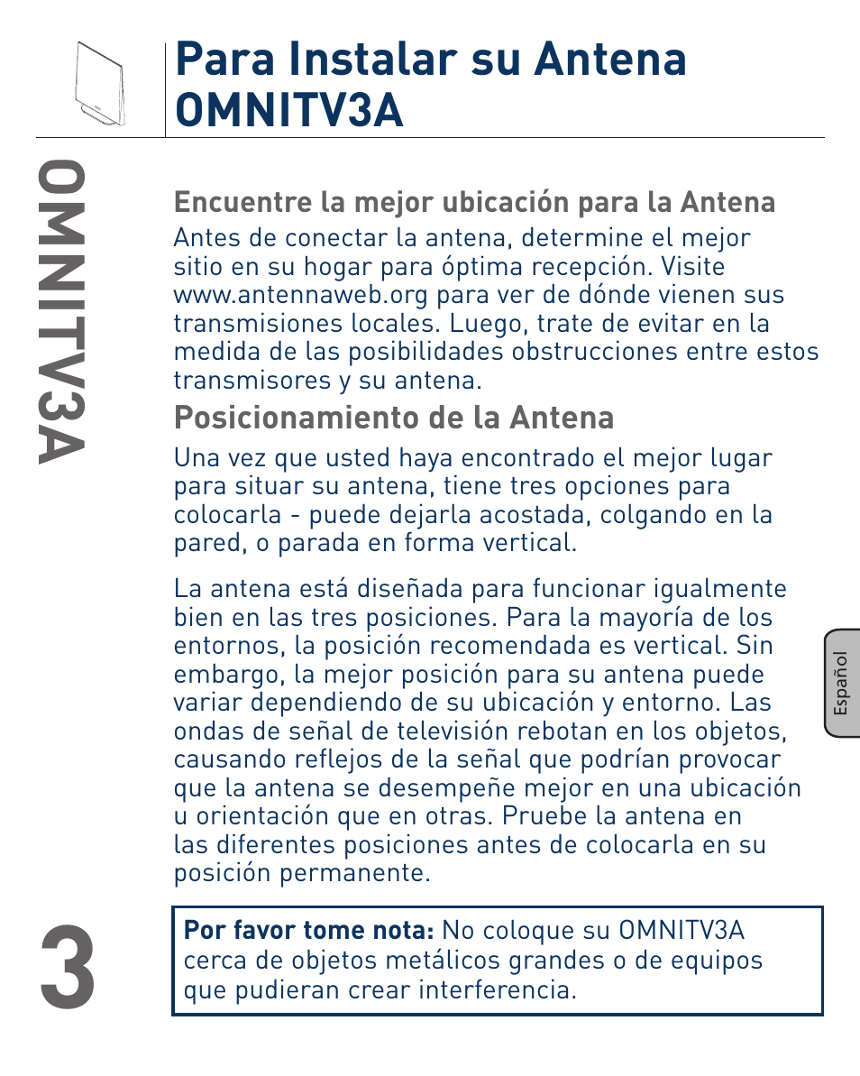 Omnitv3a, Para instalar su antena omnitv3a | Terk OMNITV3A_OMЙ User Manual | Page 15 / 35