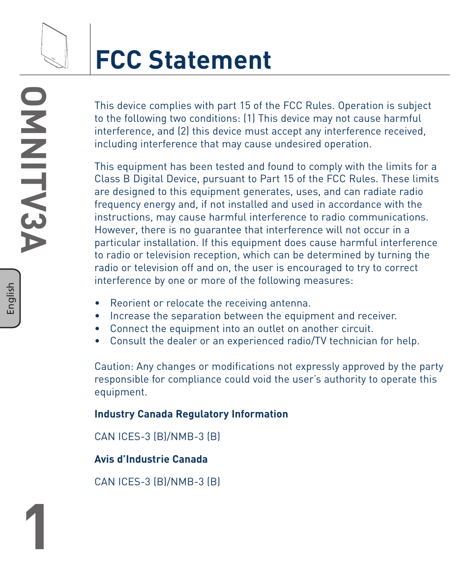 Omnitv3a, Fcc statement | Terk OMNITV3A_OMЙ User Manual | Page 2 / 35