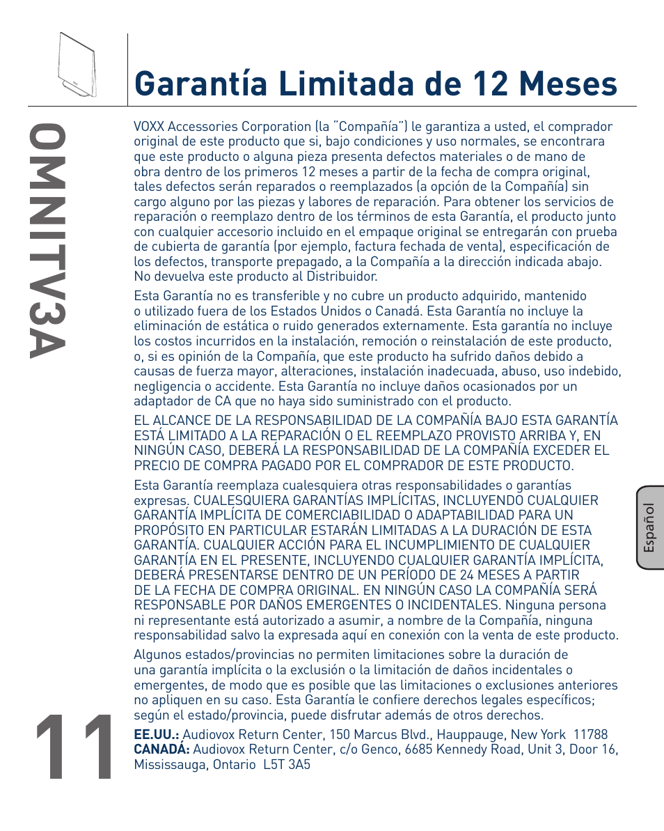Omnitv3a, Garantía limitada de 12 meses | Terk OMNITV3A_OMЙ User Manual | Page 23 / 35