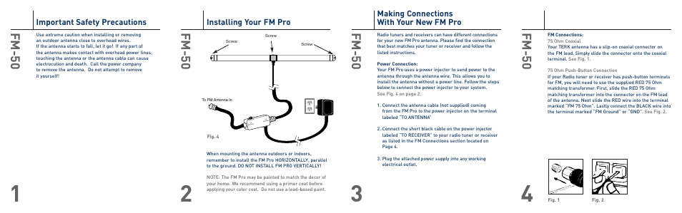 Fm-50, Installing your fm pro, Making connections with your new fm pro | Important safety precautions | Terk FM50_OMЙ User Manual | Page 2 / 2