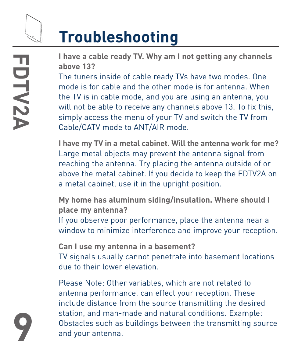 Fd tv2a, Troubleshooting | Terk FDTV2A_OMЙ User Manual | Page 10 / 12