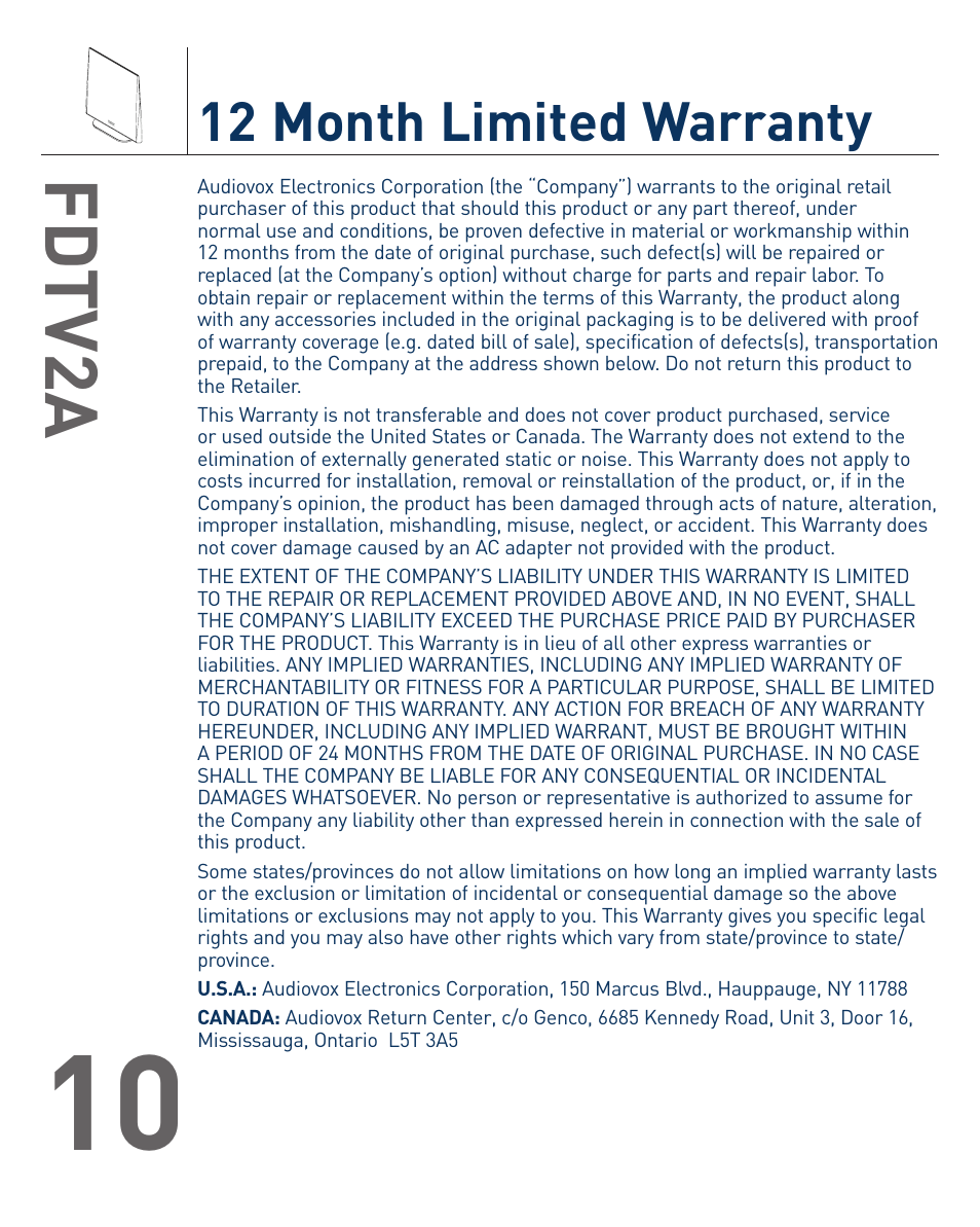 Fd tv2a, 12 month limited warranty | Terk FDTV2A_OMЙ User Manual | Page 11 / 12