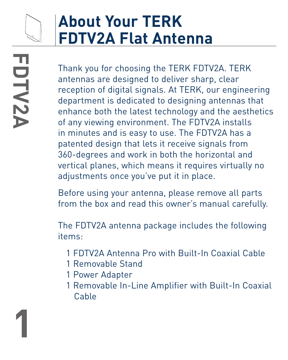 Fd tv2a, About your terk fdtv2a flat antenna | Terk FDTV2A_OMЙ User Manual | Page 2 / 12