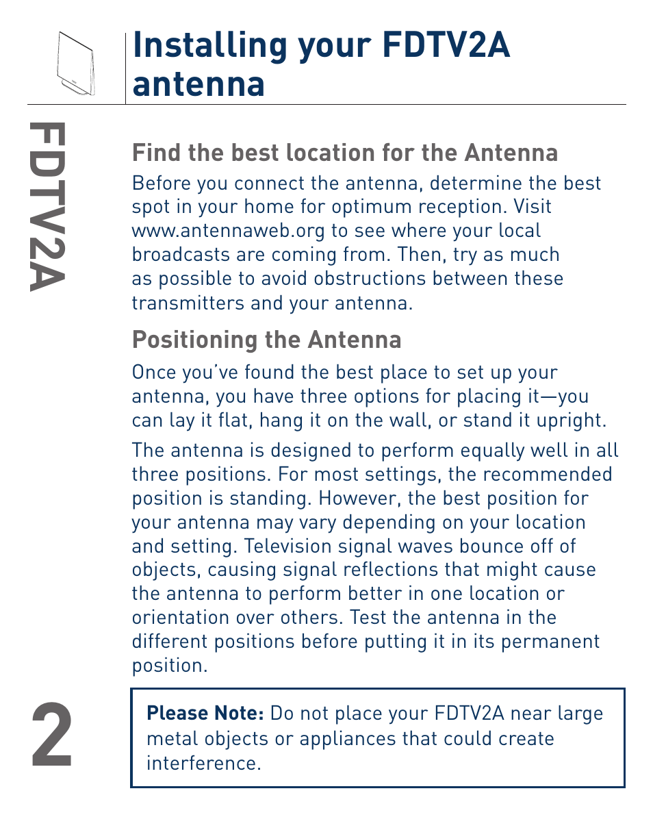 Fd tv2a, Installing your fdtv2a antenna | Terk FDTV2A_OMЙ User Manual | Page 3 / 12