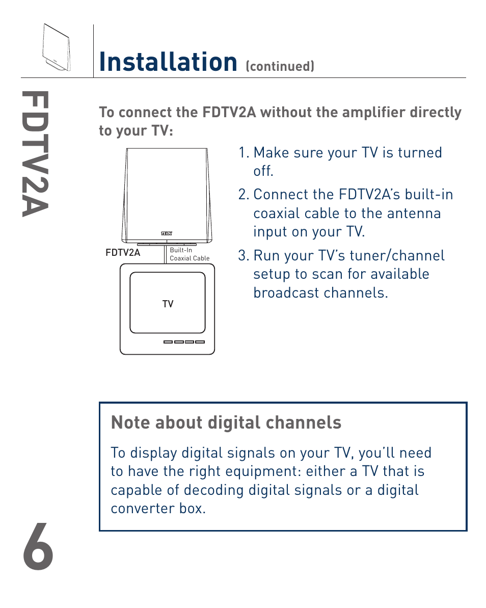 Fd tv2a, Installation | Terk FDTV2A_OMЙ User Manual | Page 7 / 12