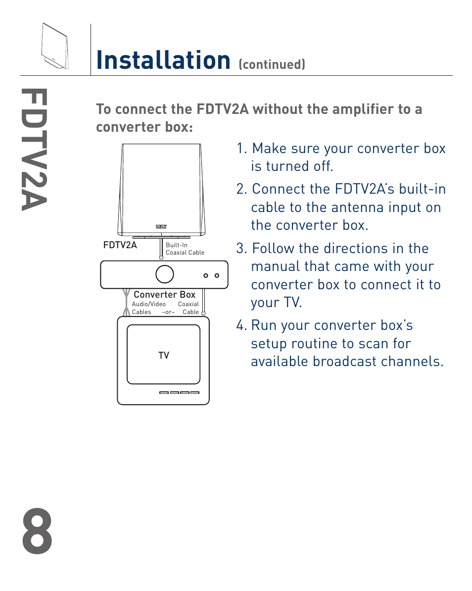 Fd tv2a, Installation | Terk FDTV2A_OMЙ User Manual | Page 9 / 12