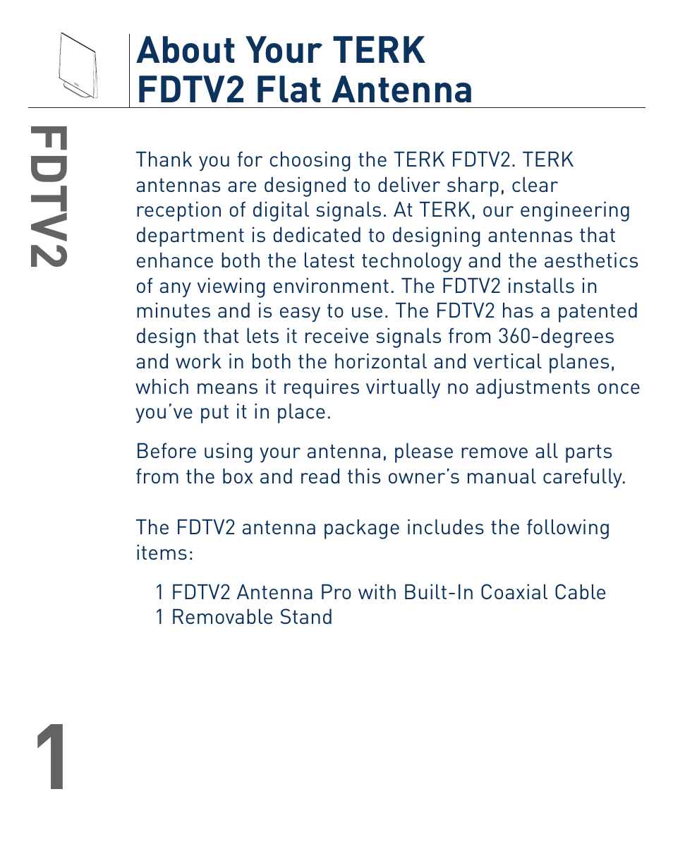 Fd tv2, About your terk fdtv2 flat antenna | Terk FDTV2_OMЙ User Manual | Page 2 / 8