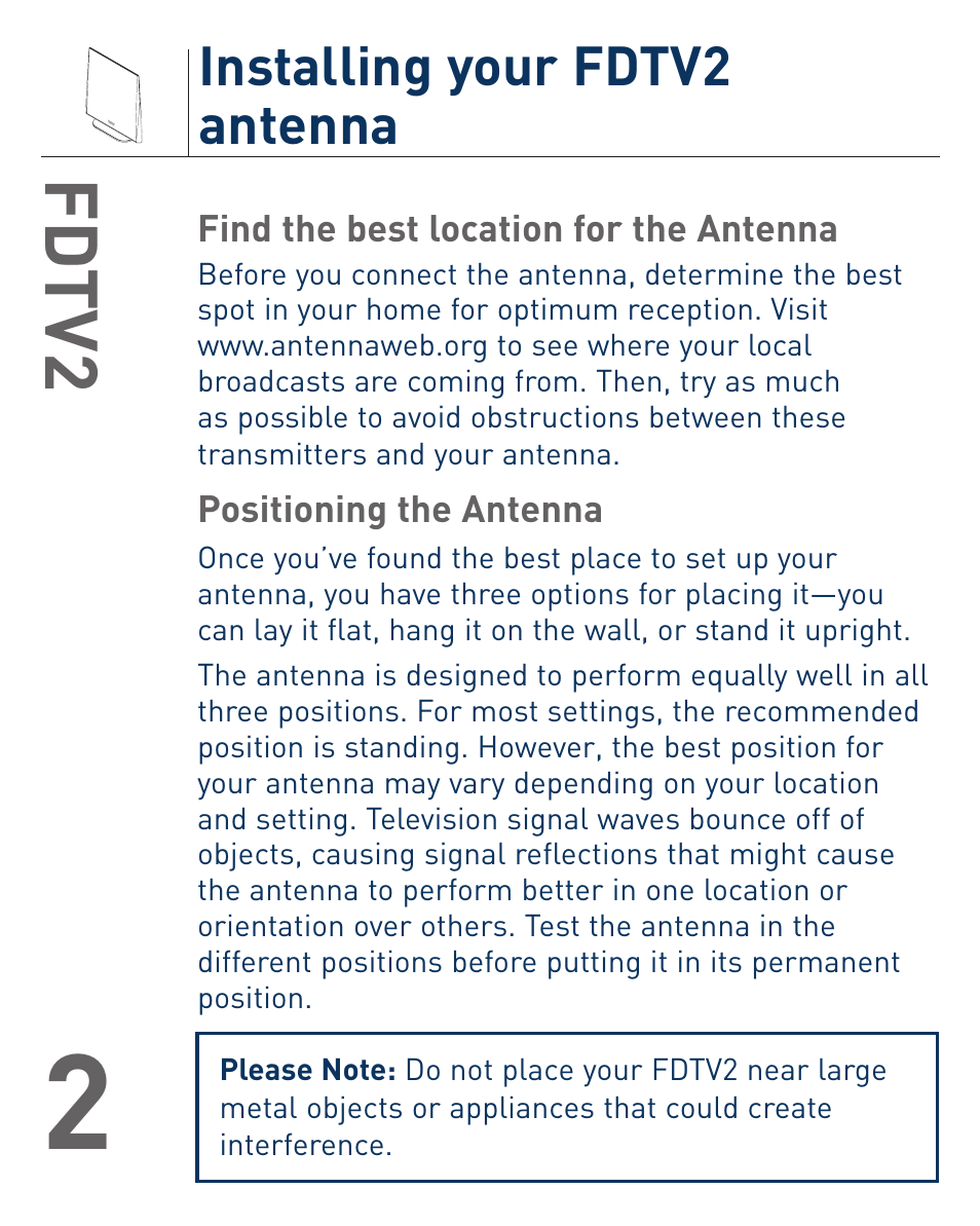 Fd tv2, Installing your fdtv2 antenna | Terk FDTV2_OMЙ User Manual | Page 3 / 8