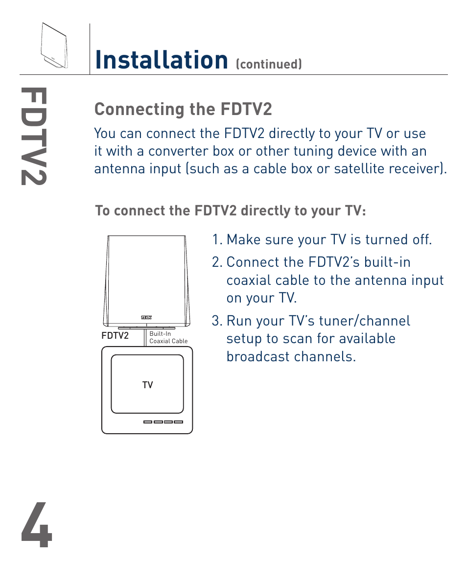 Fd tv2, Installation | Terk FDTV2_OMЙ User Manual | Page 5 / 8