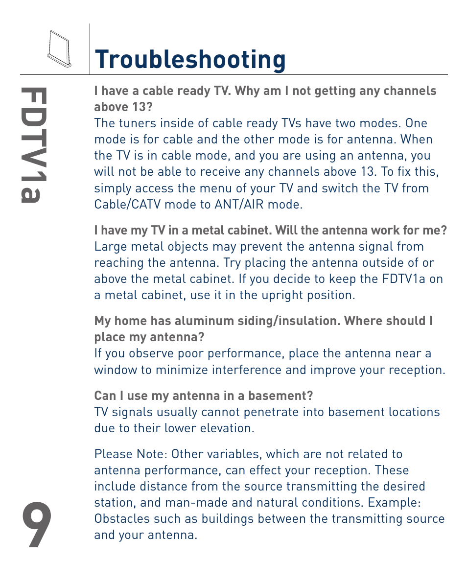 Fd tv1a, Troubleshooting | Terk FDTV1A_OMЙ User Manual | Page 10 / 12