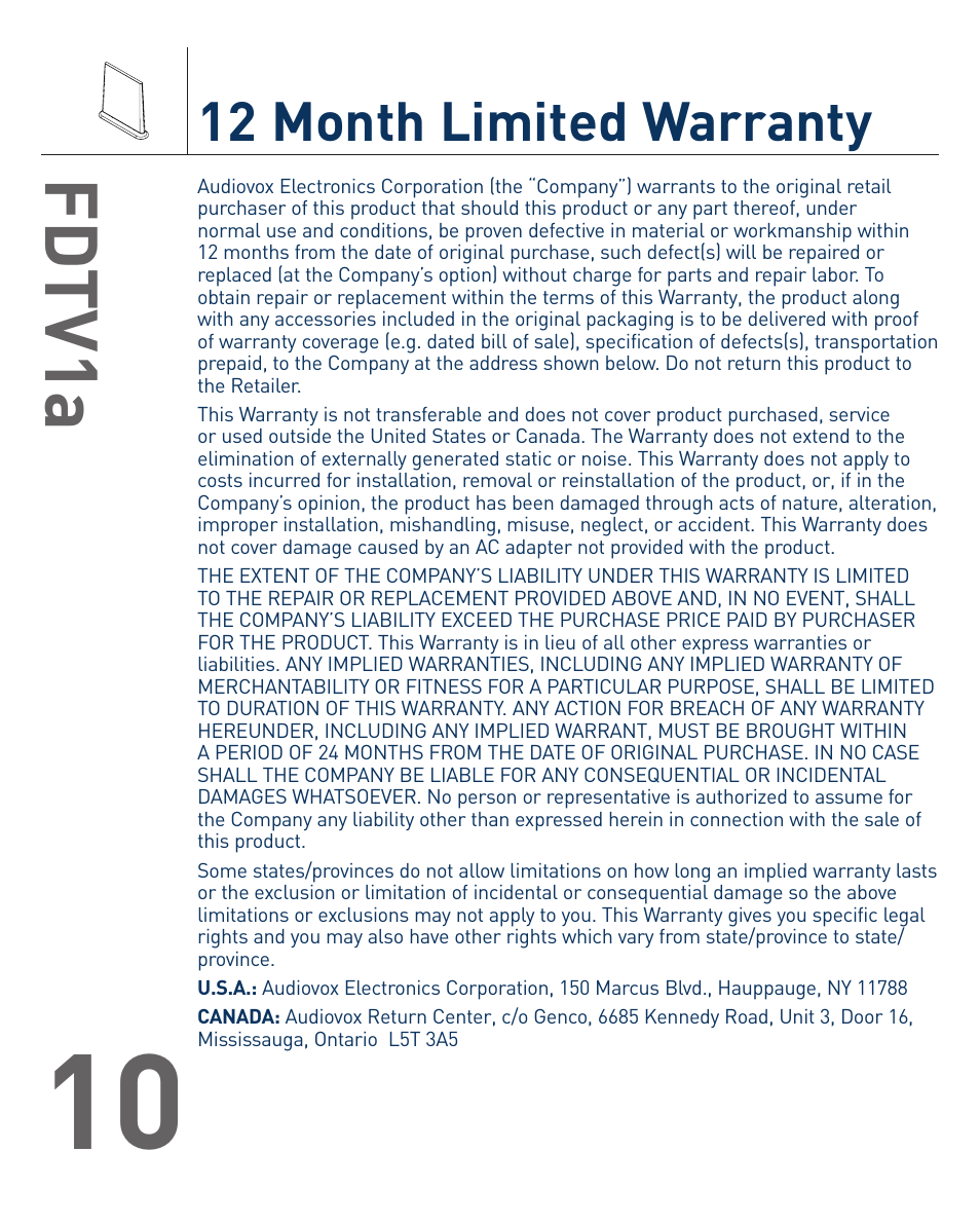Fd tv1a, 12 month limited warranty | Terk FDTV1A_OMЙ User Manual | Page 11 / 12