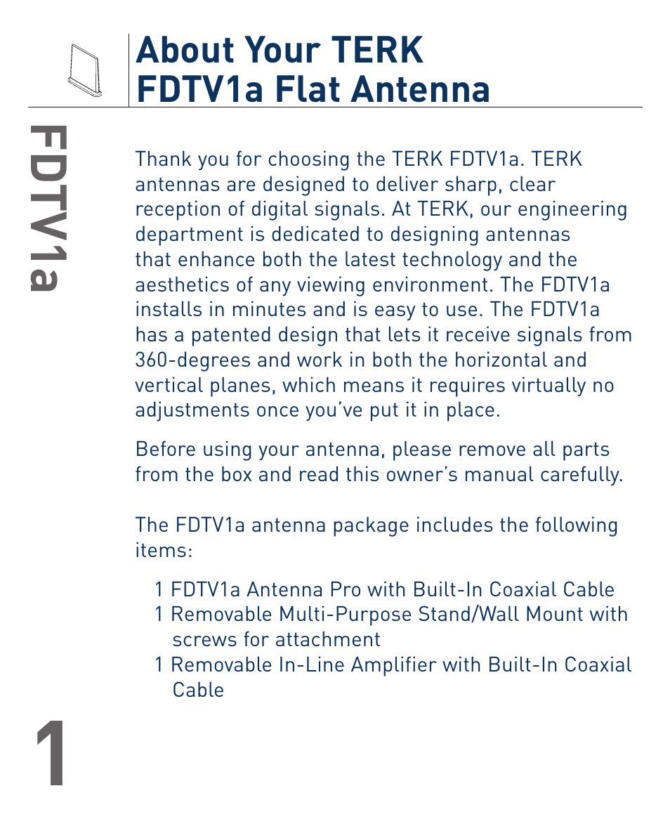 Fd tv1a, About your terk fdtv1a flat antenna | Terk FDTV1A_OMЙ User Manual | Page 2 / 12