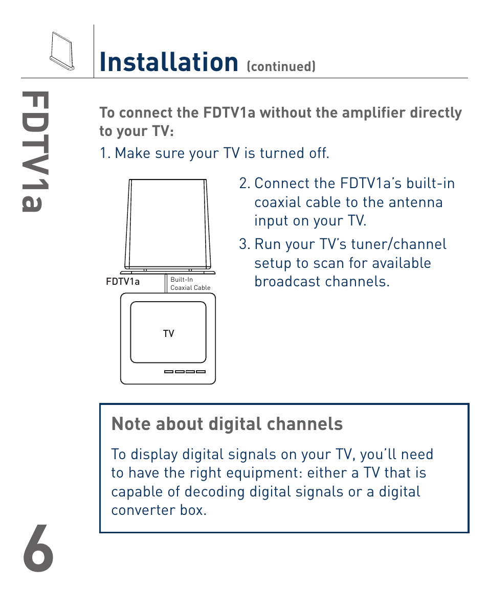 Fd tv1a, Installation | Terk FDTV1A_OMЙ User Manual | Page 7 / 12