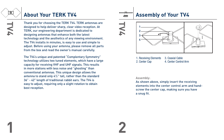 Assembly of your tv4, About your terk tv4 | Terk TV4_OMЙ User Manual | Page 2 / 4