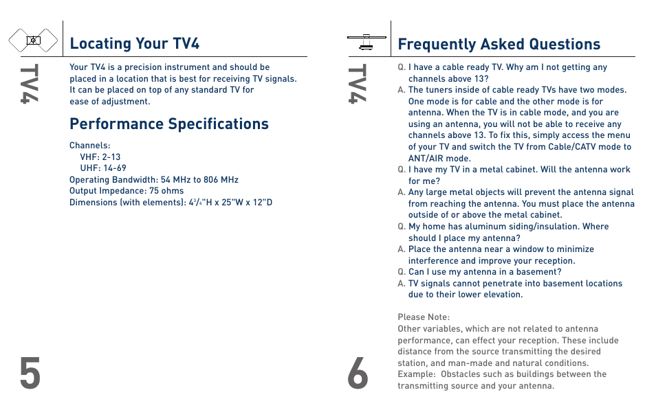 Locating your tv4, Frequently asked questions, Performance specifications | Terk TV4_OMЙ User Manual | Page 4 / 4
