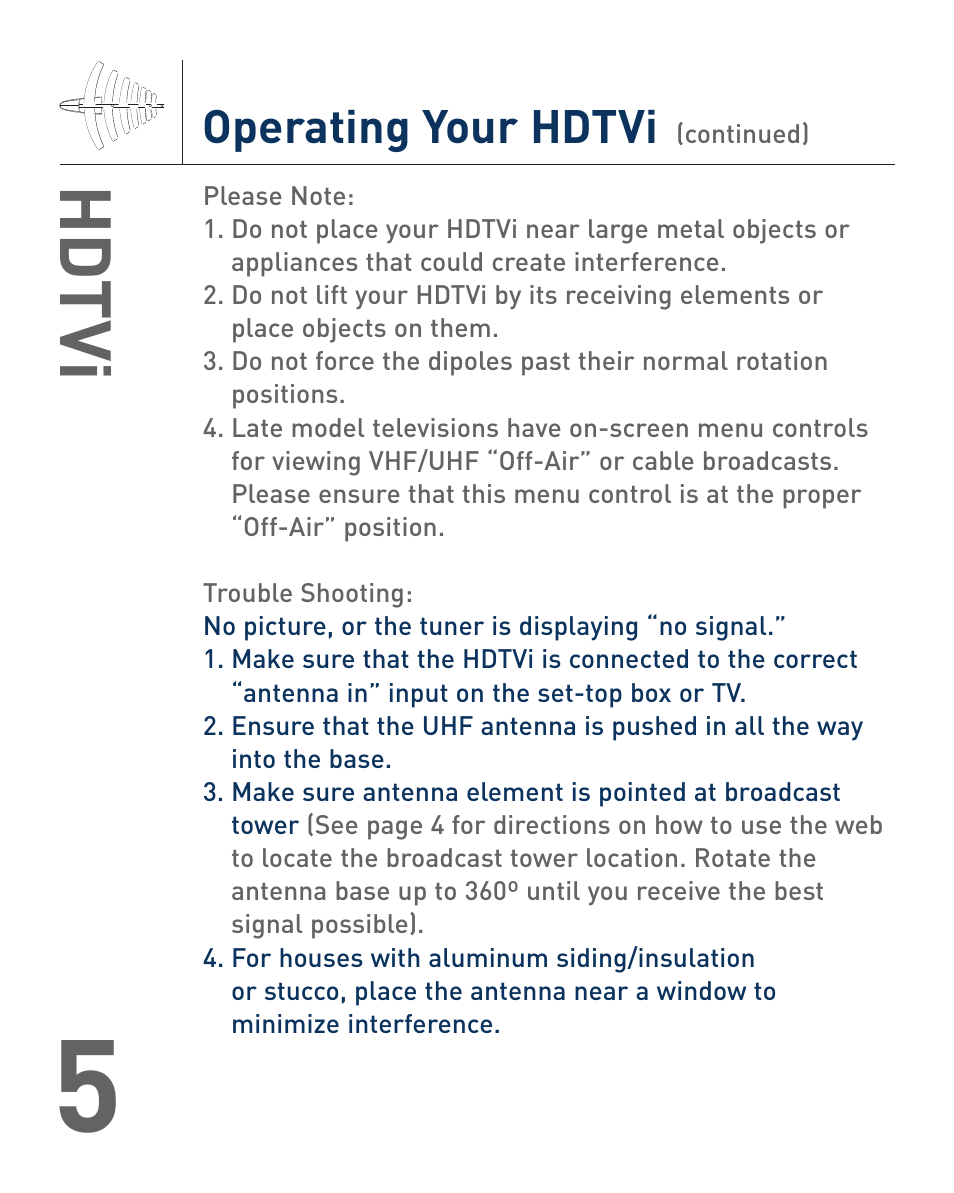 Hd tvi, Operating your hdtvi | Terk HDTVI_OMЙ User Manual | Page 7 / 8