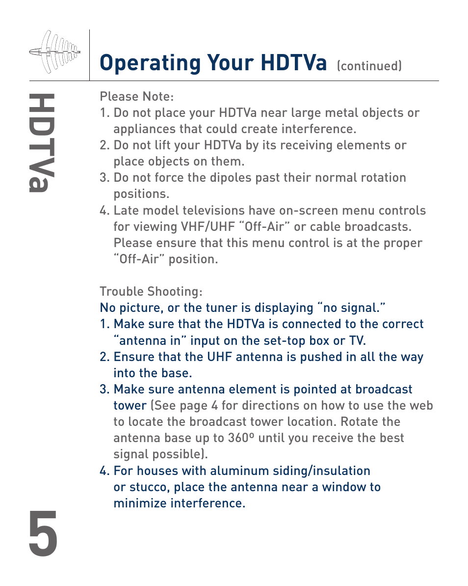 Hd tv a, Operating your hdtva | Terk HDTVA_OMЙ User Manual | Page 7 / 8