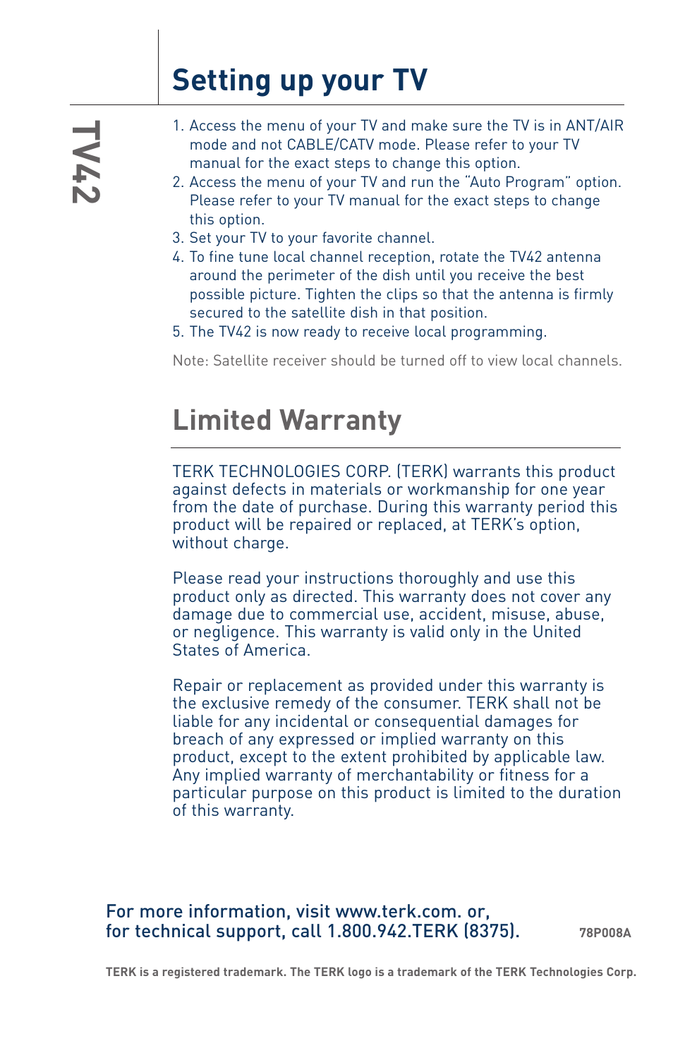 Tv42, Setting up your tv, Limited warranty | Terk TV42_OMЙ User Manual | Page 14 / 14