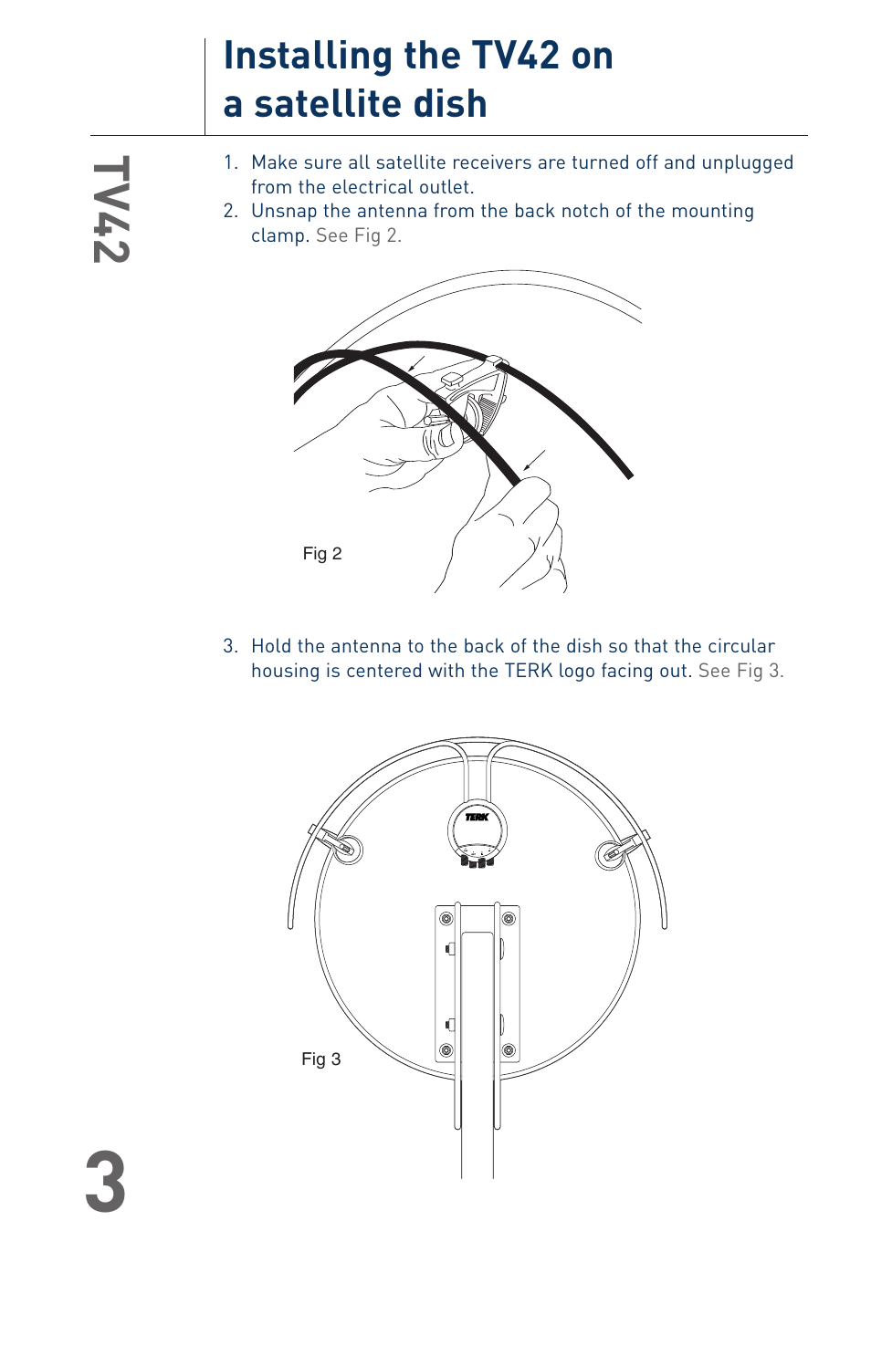Tv42, Installing the tv42 on a satellite dish | Terk TV42_OMЙ User Manual | Page 4 / 14