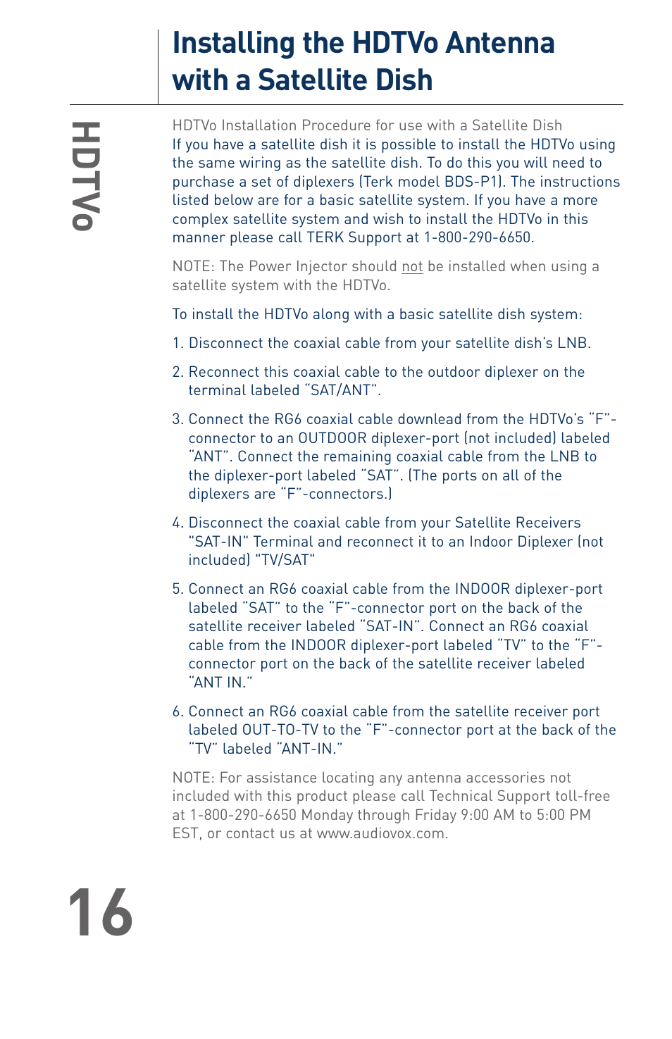 Hd tv o, Installing the hdtvo antenna with a satellite dish | Terk HDTVO_OMЙ User Manual | Page 18 / 20